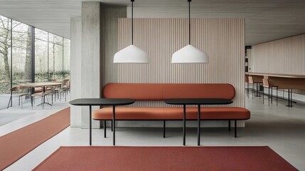 Modern orange bench cafe interior design, serene workspace