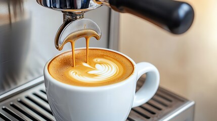 Coffee and bakery: Freshly brewed and roasted Freshly brewed espresso pouring into a cup with latte art.