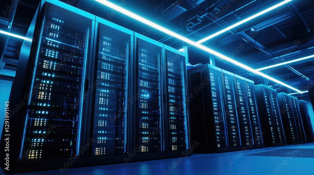 Poster Modern data center with illuminated blue server racks, representing cloud computing, cybersecurity, and IT infrastructure. Ideal for digital security, networking, and data storage concepts