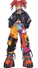 anime character model wearing sharp colored fashion clothes on white background