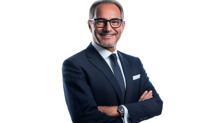legant senior CEO in a dark gray suit, showing leadership and experience, isolated on a white background