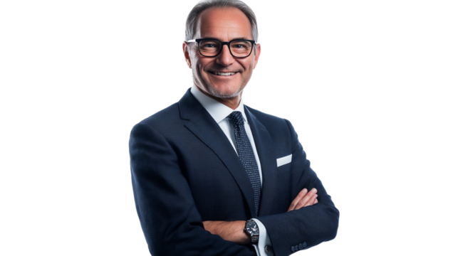 legant senior CEO in a dark gray suit, showing leadership and experience, isolated on a white background