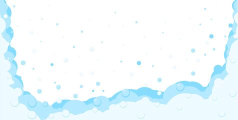 Foam bubbles frame. Cartoon bubbles of shampoo, bubble bath, soap border background. Blue flat bubbles.Cleaning products Vector illustration
