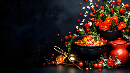 Autumnal food styling; dark background, red bowls, herbs