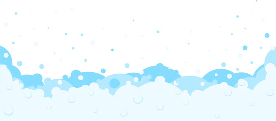 Foam bubbles frame. Cartoon bubbles shampoo, bubble bath Soap border. Blue flat bubbles.Cleaning and washing products .  Vector background