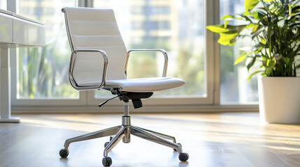 modern white office chair with sleek design, placed in bright workspace surrounded by greenery, exuding professional atmosphere