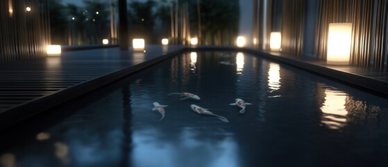 Long, rectangular swimming pool with four koi fish swimming in it. the pool is surrounded by a wooden deck with a row of lanterns on either side.