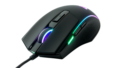 Sleek black gaming mouse with RGB lighting, high-performance accessory, isolated on a white background