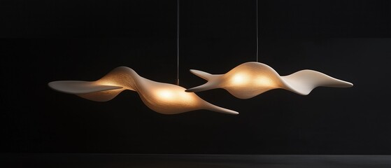 Two pendant lights hanging from the ceiling in a dark room. the lights are made of a light-colored material, possibly wood or metal, and have a wave-like shape.