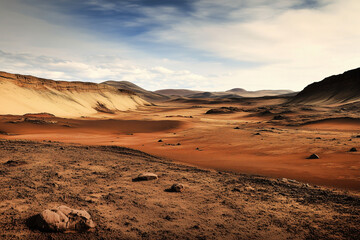 Fototapeta premium Martian Vista: A vast, arid Martian landscape unfolds under a pale, atmospheric sky, showcasing the reddish-brown terrain, barren hills, and sense of desolation that defines the Red Planet.