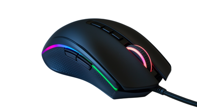 Sleek black gaming mouse with RGB lighting, high-performance accessory, isolated on a white background