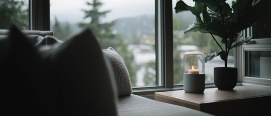 Cozy living room with a large window that offers a view of the mountains and trees outside. on the right side of the window, there is a wooden nightstand with a black vase and a small plant on it.