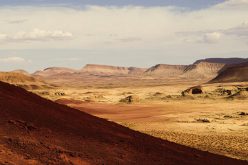 Desert Vista: A panoramic view of a vast desert landscape under a clear sky, showcasing rolling hills, arid terrain, and a sense of solitude.