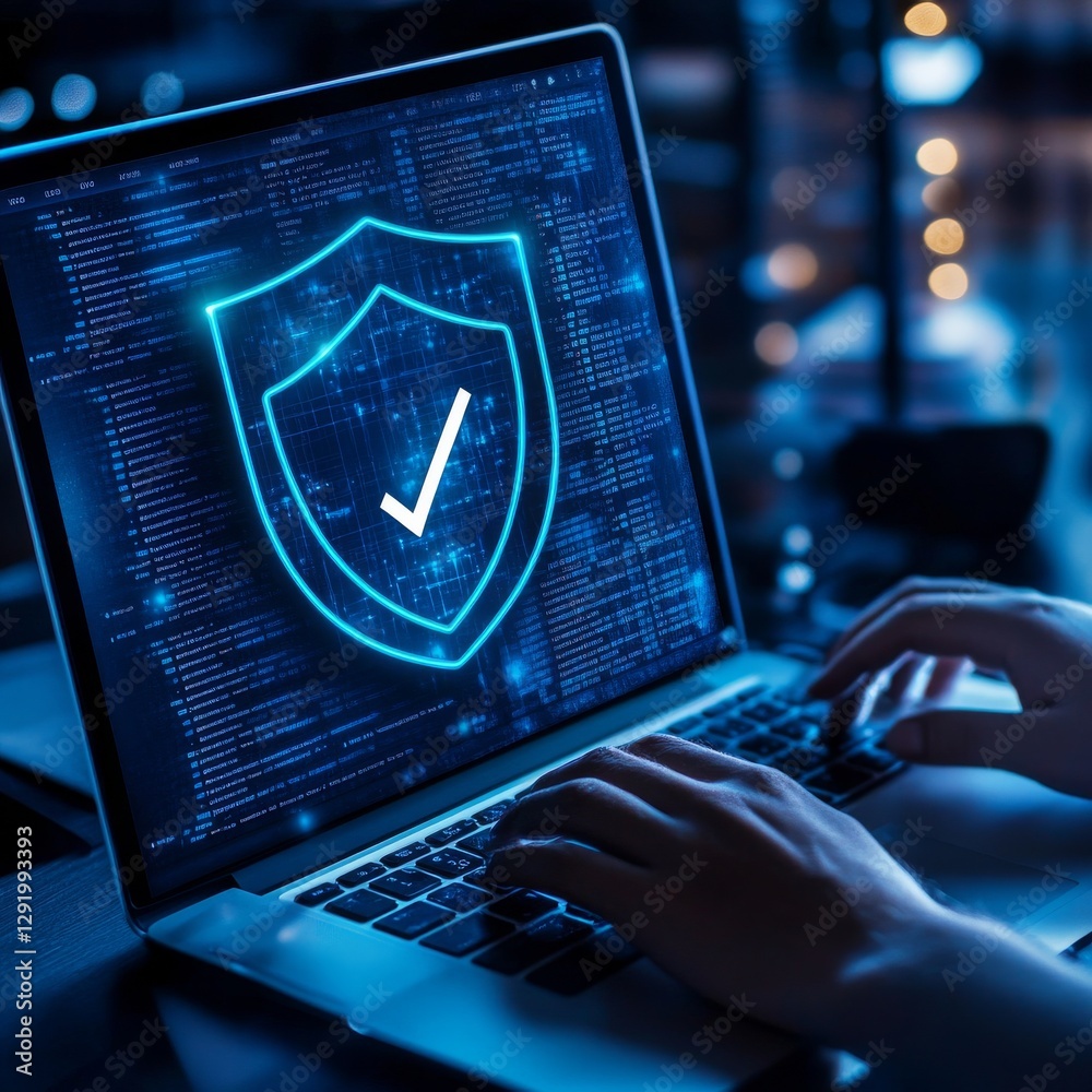 Aufkleber Cybersecurity in Action: Laptop with Security Shield and Hands Coding on Illuminated Keys