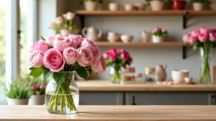 Fototapeta premium bouquet of fresh flowers, composition of delicate pink roses in a glass vase, interior of a flower shop, pastel shades, copy space, free space for text