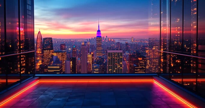 A high-angle static shot of the New York City skyline at sunset, viewed from a rooftop terrace with neon lighting.