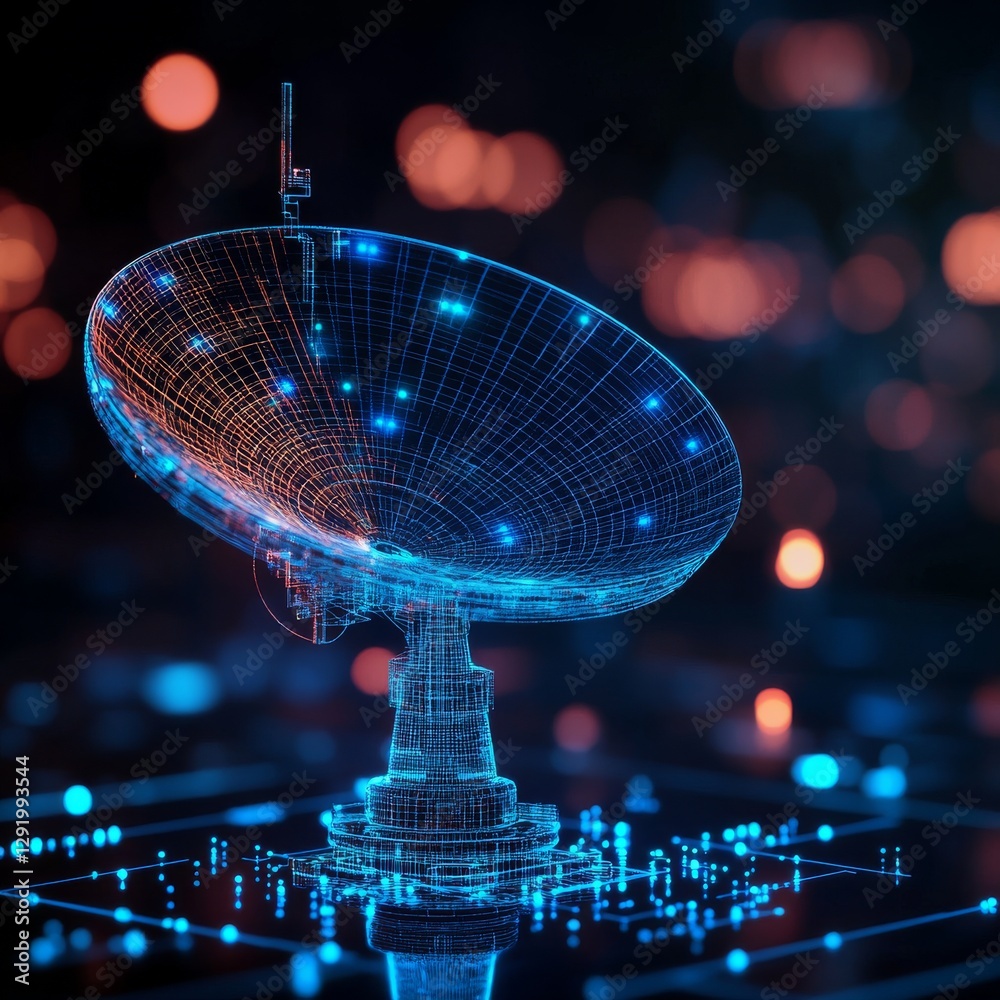 Poster digital communication: a wireframe satellite dish for global connectivity and technological advancem