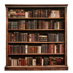 Classic bookcase filled with numerous vintage books against a white background, bookcase with many books on it