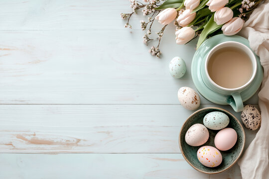  A minimalist Easter brunch setup featuring a rustic wooden table adorned with fresh tulips, hand-painted eggs in soft pastel shades, and an elegant ceramic teapot