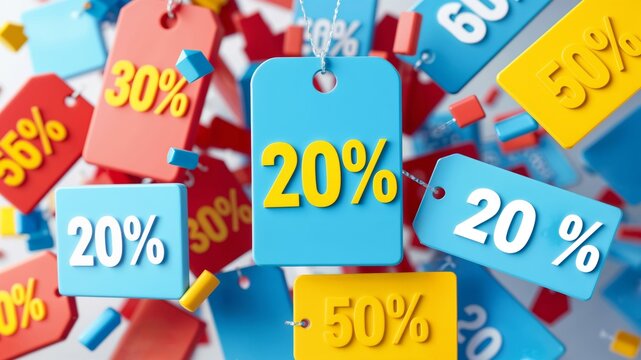 Discount Price Tags. Colorful percentage discount tags in blue, red, and yellow showing various sale promotions with 20% and 50% markdowns.