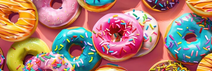 horizontal banner, National Donut Day, lots of colorful donuts covered with icing and confetti, pink background