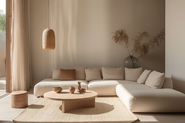 Fototapeta premium Beige minimalist living room with natural light, modern furniture, and dried flower centerpiece