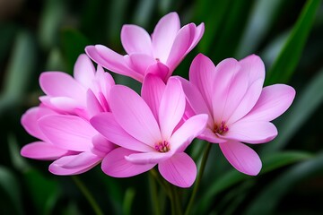 Pink flowers blooming closely, foliage behind, for natural beauty blogs, floral design, nature photography