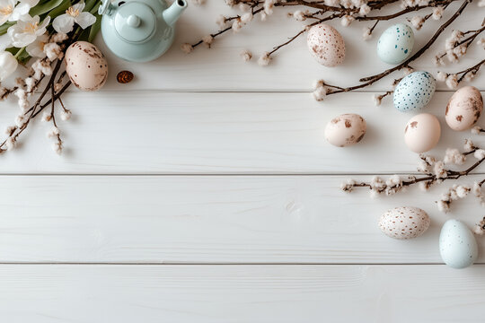  A minimalist Easter brunch setup featuring a rustic wooden table adorned with fresh tulips, hand-painted eggs in soft pastel shades, and an elegant ceramic teapot