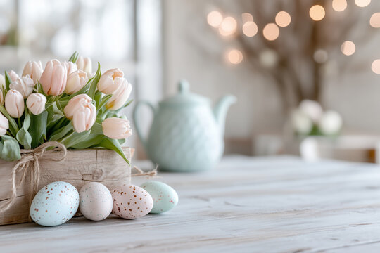  A minimalist Easter brunch setup featuring a rustic wooden table adorned with fresh tulips, hand-painted eggs in soft pastel shades, and an elegant ceramic teapot