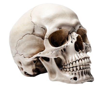 Human Skull Isolated on Transparent PNG Background.
