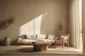 Beige minimalist living room with sunlight, wooden furniture, and a view