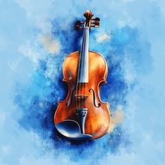 Violin on a Watercolor Blue Background: An Artistic Depiction of Music's Soul, Perfect for Musicians and Art Enthusiasts