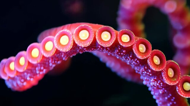 Close-up view of a vibrant octopus tentacle showcasing its unique texture and colors in a marine environment