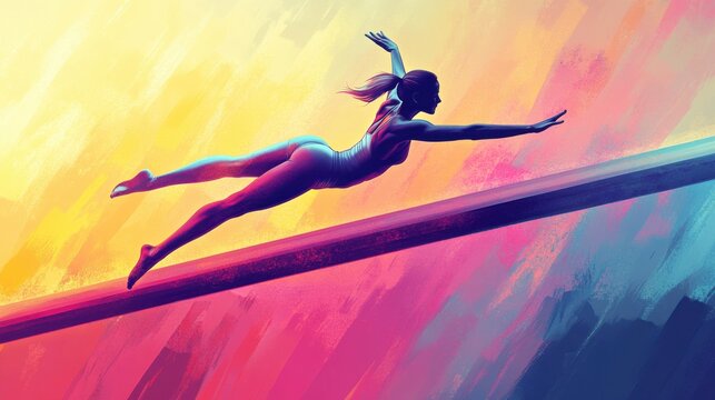 Illustration of a gymnast in a handstand on the parallel bars, vibrant vector design