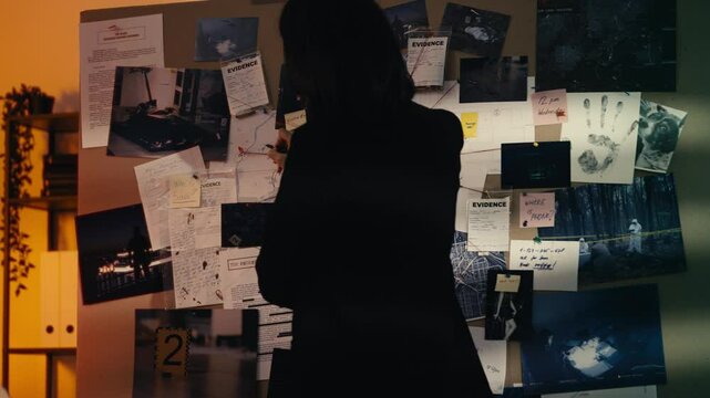 Woman detective studies an investigation board in her office, looking for clues
