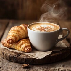 Coffee and bakery: Freshly brewed and roasted Warm coffee with croissants on a rustic wooden board.