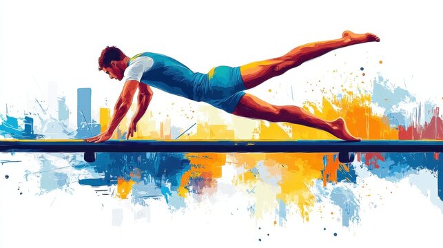 Illustration of a gymnast in a handstand on the parallel bars, vibrant vector design