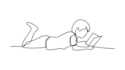 Obraz premium A singleline drawing depicts a child lying on the floor, engrossed in reading a book. Simple, minimalist style. Relaxed posture suggests leisure time.