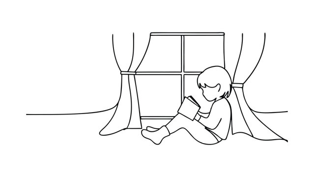 recommend clip art: Child Reading Book by Window, Cozy Home Scene, Simple Line Art