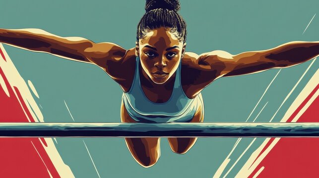 Illustration of a gymnast in a handstand on the parallel bars, vibrant vector design