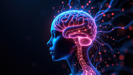 This image portrays a human head with glowing brain imagery, representing artificial general intelligence or AGI.