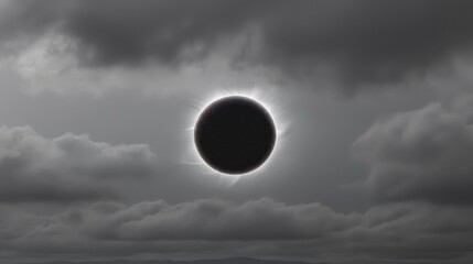 Solar eclipse through cloudy sky, dramatic celestial event