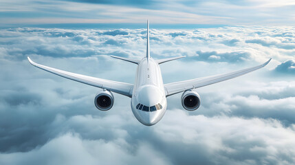 A white airplane flying in the sky, surrounded by clouds.
