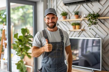 Content About a Happy Male Technician Giving a Thumbs Up Gesture Near a Television