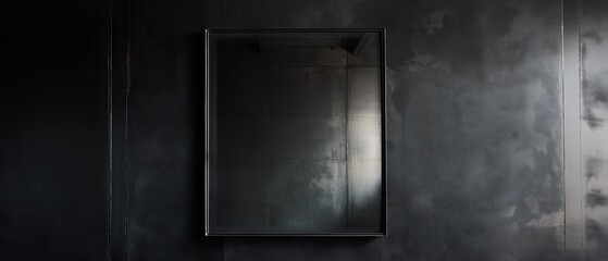 Black and white photograph of a rectangular mirror hanging on a dark wall. the mirror is in the center of the image and is facing towards the right side of the frame.