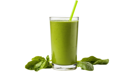 Glass of fresh green detox smoothie with a straw, healthy lifestyle and diet concept, isolated on a white background 