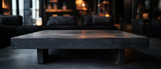 Black wooden coffee table in a dimly lit room. the table is rectangular in shape and has a smooth surface. it is supported by four wooden legs that are slightly tapered at the bottom.