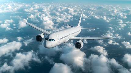 Obraz premium A white airplane flying in the sky, surrounded by clouds. 