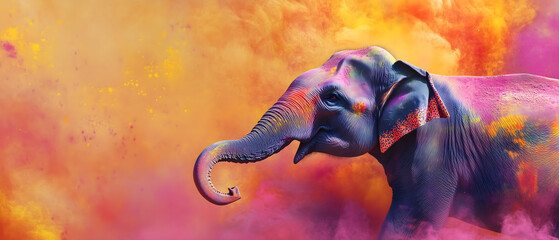 eye-catching, astonishing background with painted elephant profile over colorful, bright & energetic wall of splash colours; copy space