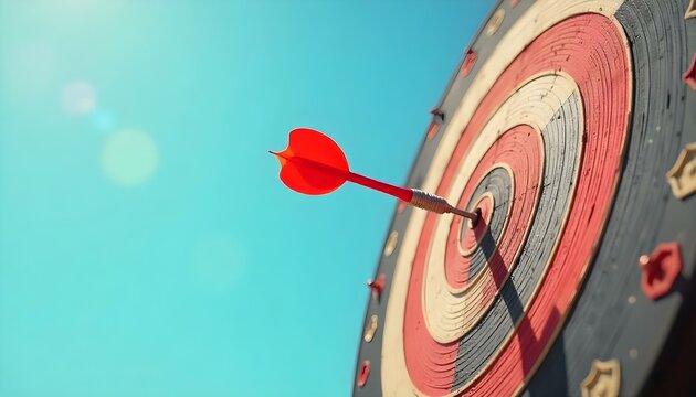 Un dardo con un vuelo rojo que golpea el centro de una diana, la diana est&aacute; en el lado derecho de la imagen, fondo de cielo azul